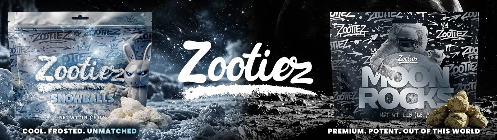 Zootiez Snowballs 1lb bag (Cool. Frosted. Unmatched.) and Moon Rocks 1lb bag (Premium. Potent. Out of this world.) on a frozen moon